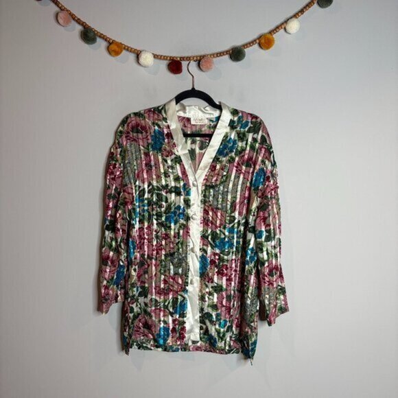 Vintage Victoria's Secret Gold Label striped floral oversized pajama top - Picture 1 of 5